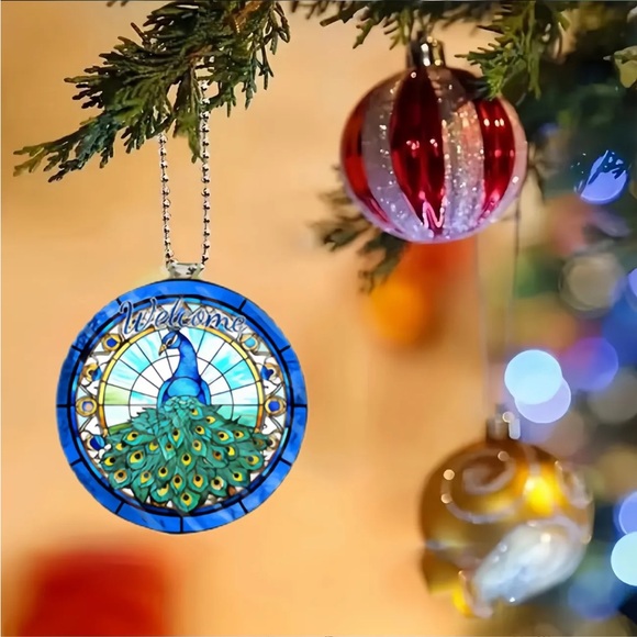 Peacock Feather “Welcome” Faux Stained Glass 2D Acrylic Pendant Ornament - Picture 5 of 5